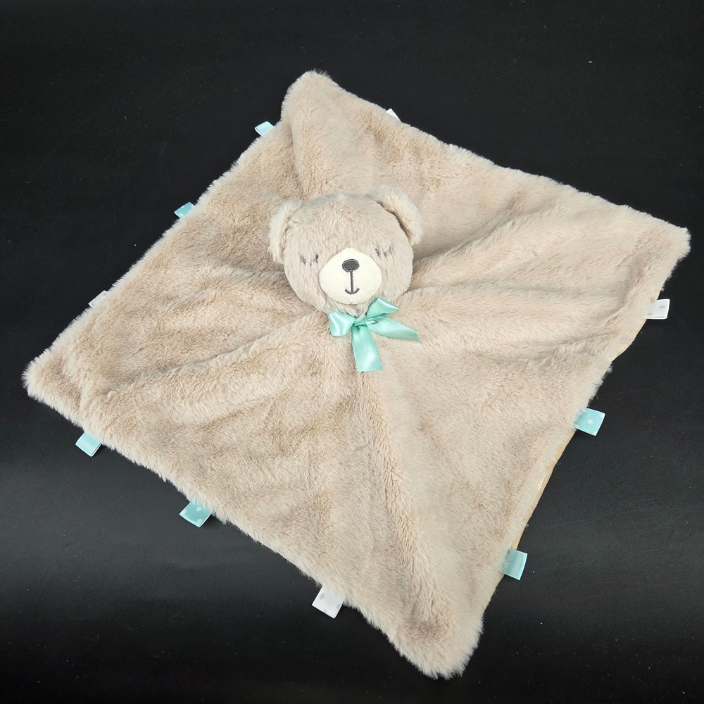 Tan Plush Teddy Bear Security Blanket Lovey with Mint Green Bow and Ribbons